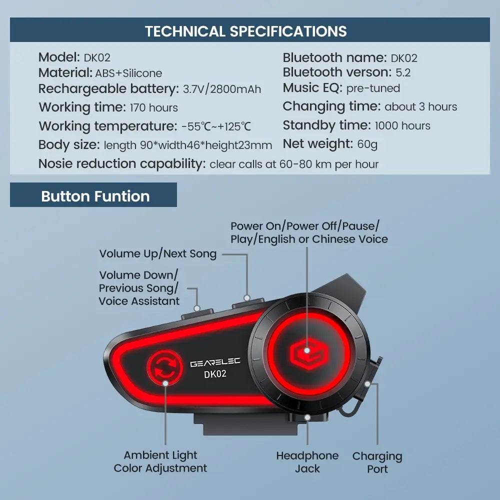 GEARELEC DK02 Bluetooth Motorcycle Helmet Headset – IPX7 Waterproof, 2800mAh Battery, Ambient Lights & Stereo Sound - One-Sake.com