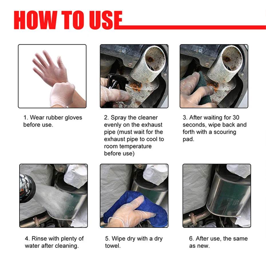 SEAMETAL Exhaust Pipe Cleaner & Rust Remover Kit – 30/120ml Motorcycle/Car Chrome Shine Restorer with Gloves, Brush & Sponge | Non-Damaging Formula for Exhaust Maintenance - One-Sake.com