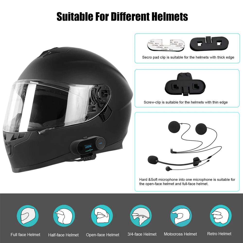 FreedConn Bluetooth Motorcycle Intercom - Wireless Helmet Headset with LCD Screen, FM Radio & Earphone for Riders - One-Sake.com