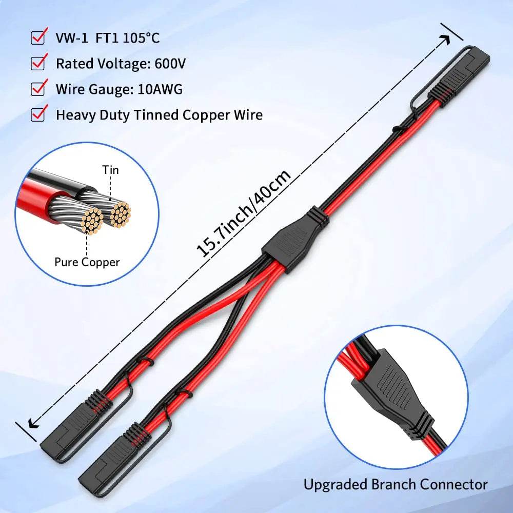 Anchtek 10AWG SAE Extension Cable - 1 to 2 SAE Adapter for Solar Panel & Battery Charger, Durable DC Power Automotive Cable - One-Sake.com