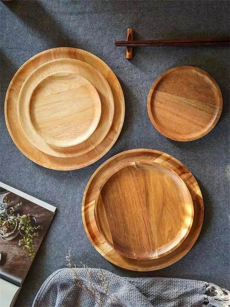 Acacia Wood Round Serving Platter – 15/20/25cm Retro Pizza, Salad & Dessert Tray - One-Sake.com