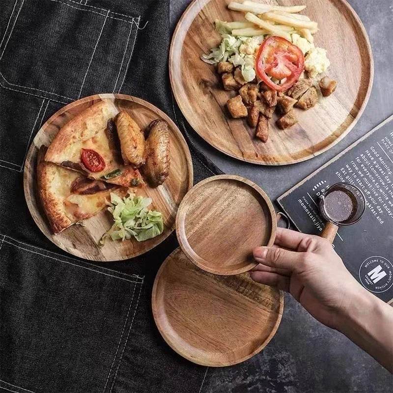 Acacia Wood Round Serving Platter – 15/20/25cm Retro Pizza, Salad & Dessert Tray - One-Sake.com