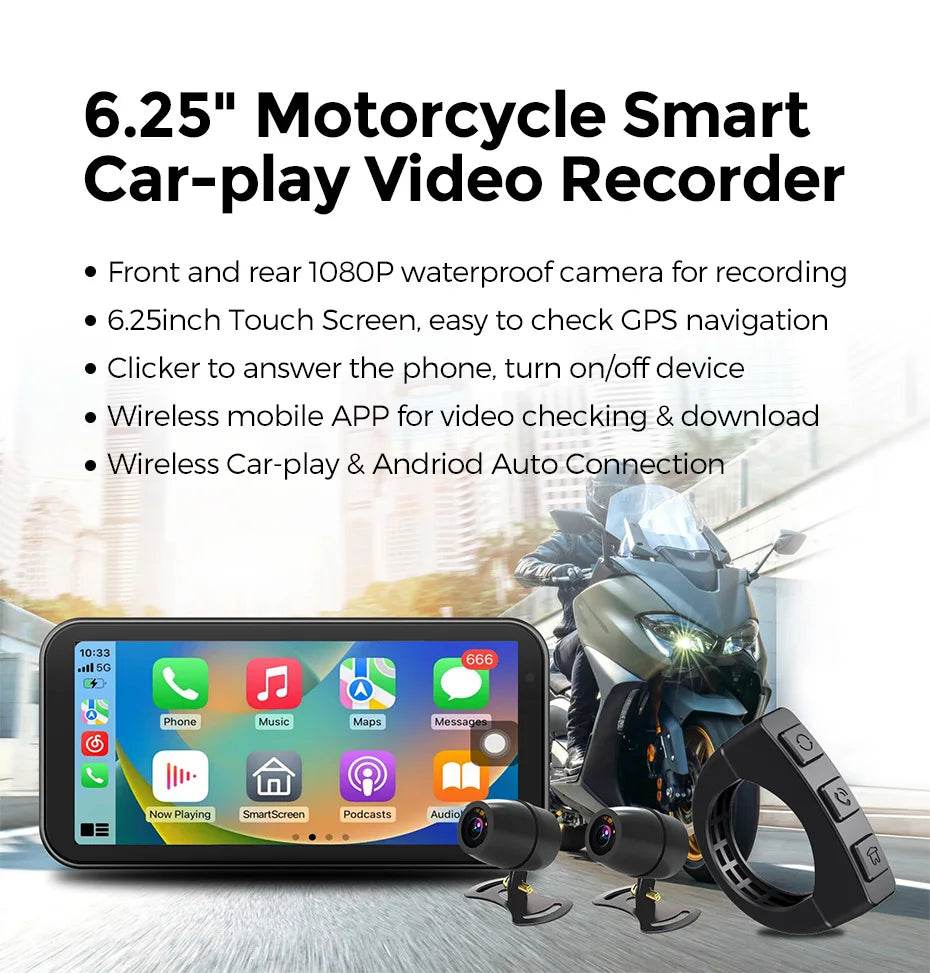 6.25” Waterproof Motorcycle GPS – IP67 Navigation with Wireless CarPlay, Android Auto & DVR Recording - One-Sake.com