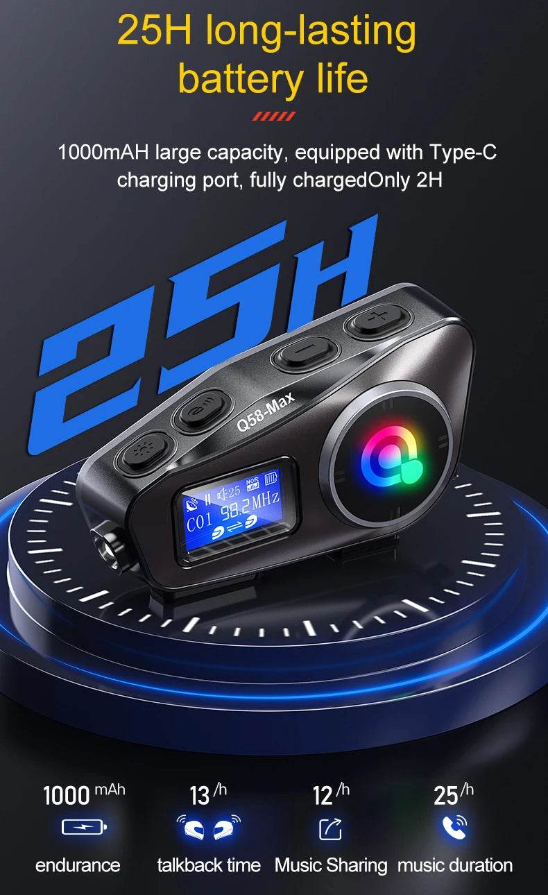Q58 Max Bluetooth Helmet Intercom - 500M Range, IP65 Waterproof, Music Sharing & Advanced Features - One-Sake.com