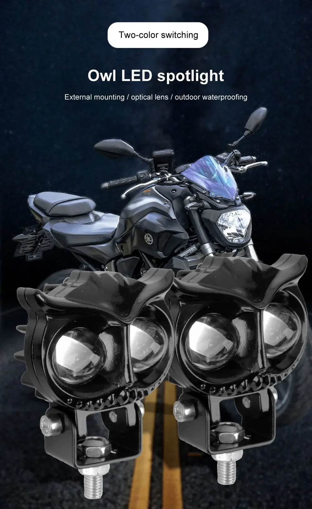 2PCS Owl-Design Motorcycle Headlights – Dual Color LED Fog Lamps with 4 Modes for Enhanced Visibility - One-Sake.com