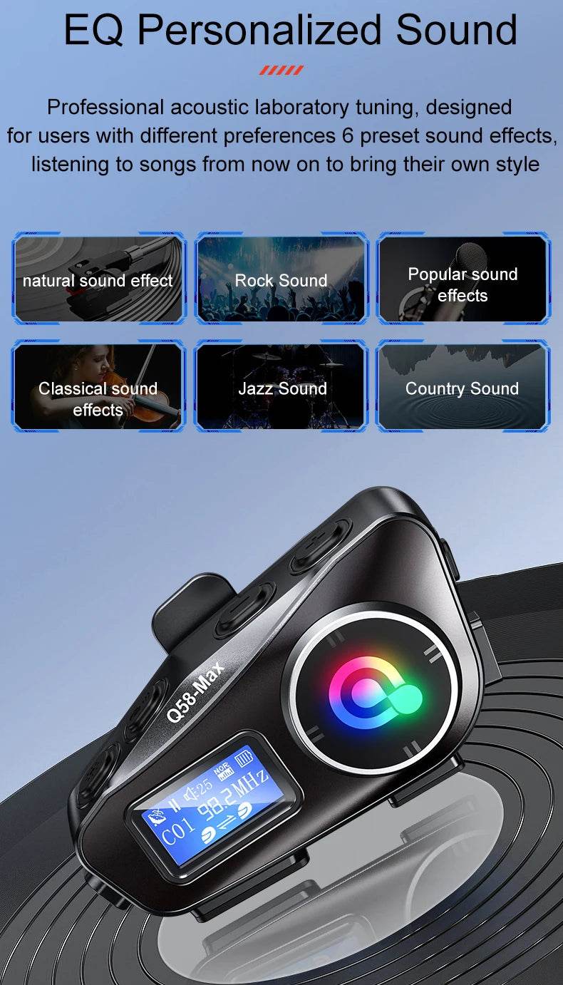 Q58 Max Bluetooth Helmet Intercom - 500M Range, IP65 Waterproof, Music Sharing & Advanced Features - One-Sake.com