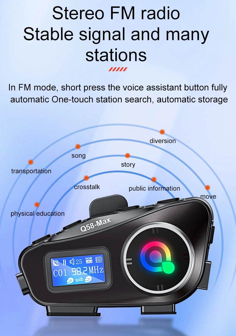 Q58 Max Bluetooth Helmet Intercom - 500M Range, IP65 Waterproof, Music Sharing & Advanced Features - One-Sake.com