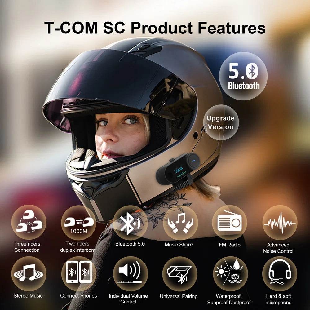 FreedConn Bluetooth Motorcycle Intercom - Wireless Helmet Headset with LCD Screen, FM Radio & Earphone for Riders - One-Sake.com