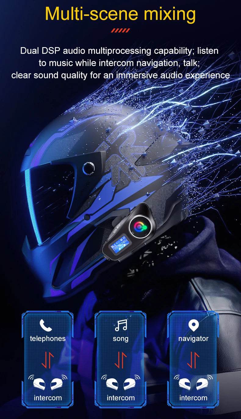 Q58 Max Bluetooth Helmet Intercom - 500M Range, IP65 Waterproof, Music Sharing & Advanced Features - One-Sake.com