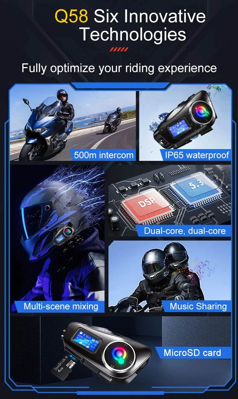 Q58 Max Bluetooth Helmet Intercom - 500M Range, IP65 Waterproof, Music Sharing & Advanced Features - One-Sake.com