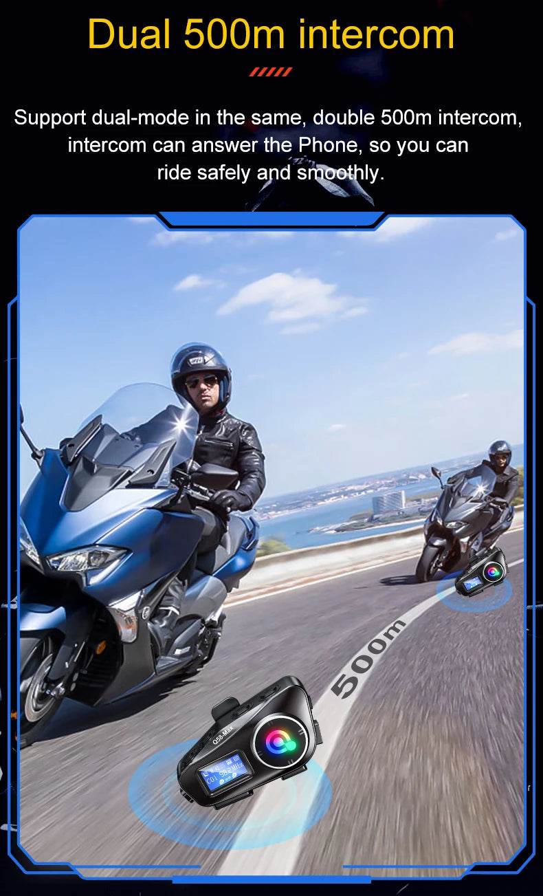 Q58 Max Bluetooth Helmet Intercom - 500M Range, IP65 Waterproof, Music Sharing & Advanced Features - One-Sake.com