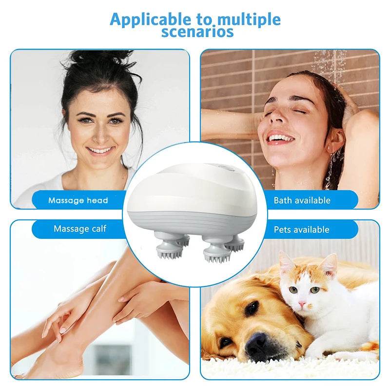 Deep Scalp Massager – 4 Silicone Heads, USB Rechargeable, Waterproof Electric Head Cleaning Tool for Humans & Pets - One-Sake.com