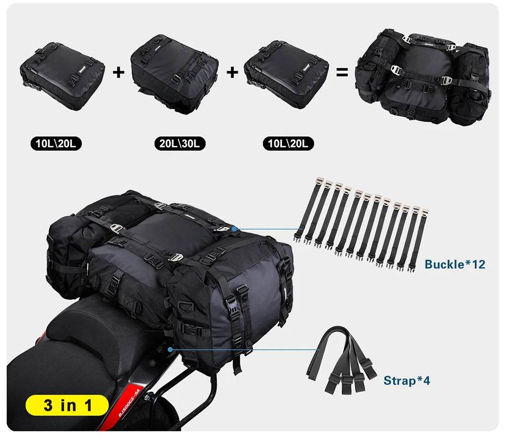 Universal Waterproof Motorcycle Back Seat Bag - 10/20/30L Multifunctional Saddle Bag & Cycling Backpack Combo - One-Sake.com