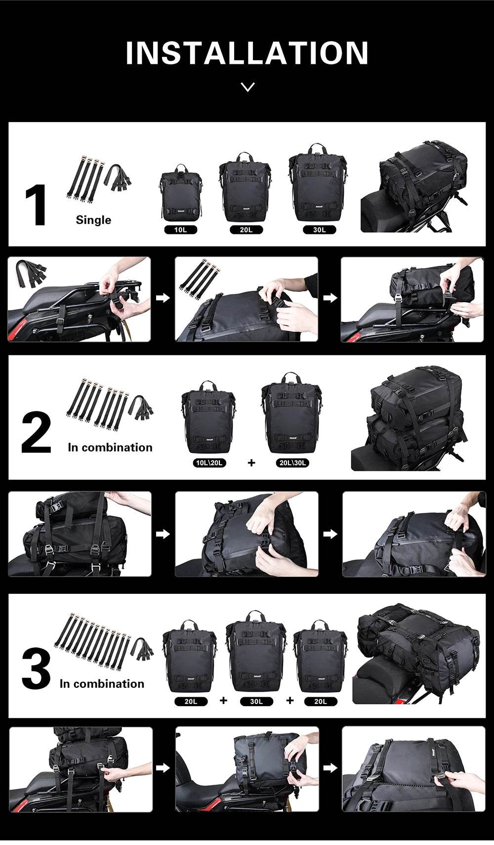 Universal Waterproof Motorcycle Back Seat Bag - 10/20/30L Multifunctional Saddle Bag & Cycling Backpack Combo - One-Sake.com