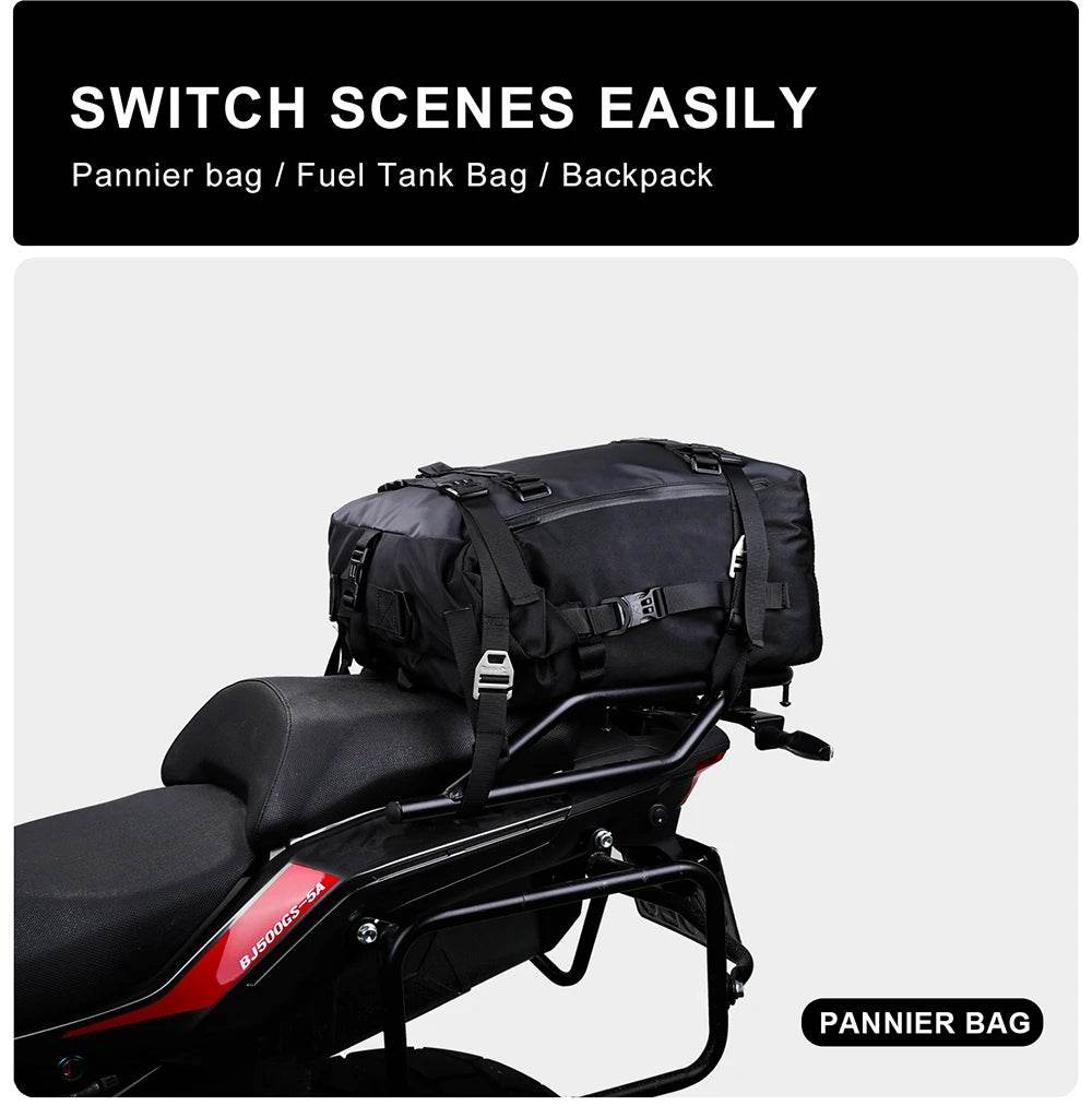 Universal Waterproof Motorcycle Back Seat Bag - 10/20/30L Multifunctional Saddle Bag & Cycling Backpack Combo - One-Sake.com