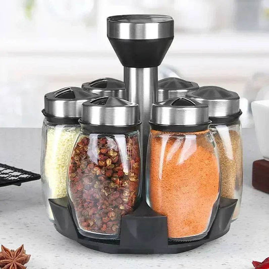 360° Rotating Spice Rack with 6 Glass Jars – Transparent Salt, Pepper & Seasoning Storage Set - One-Sake.com