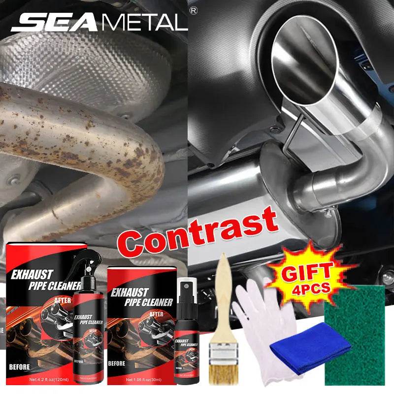 SEAMETAL Exhaust Pipe Cleaner &amp; Rust Remover Kit – 30/120ml Motorcycle/Car Chrome Shine Restorer with Gloves, Brush &amp; Sponge | Non-Damaging Formula for Exhaust Maintenance - One-Sake.com