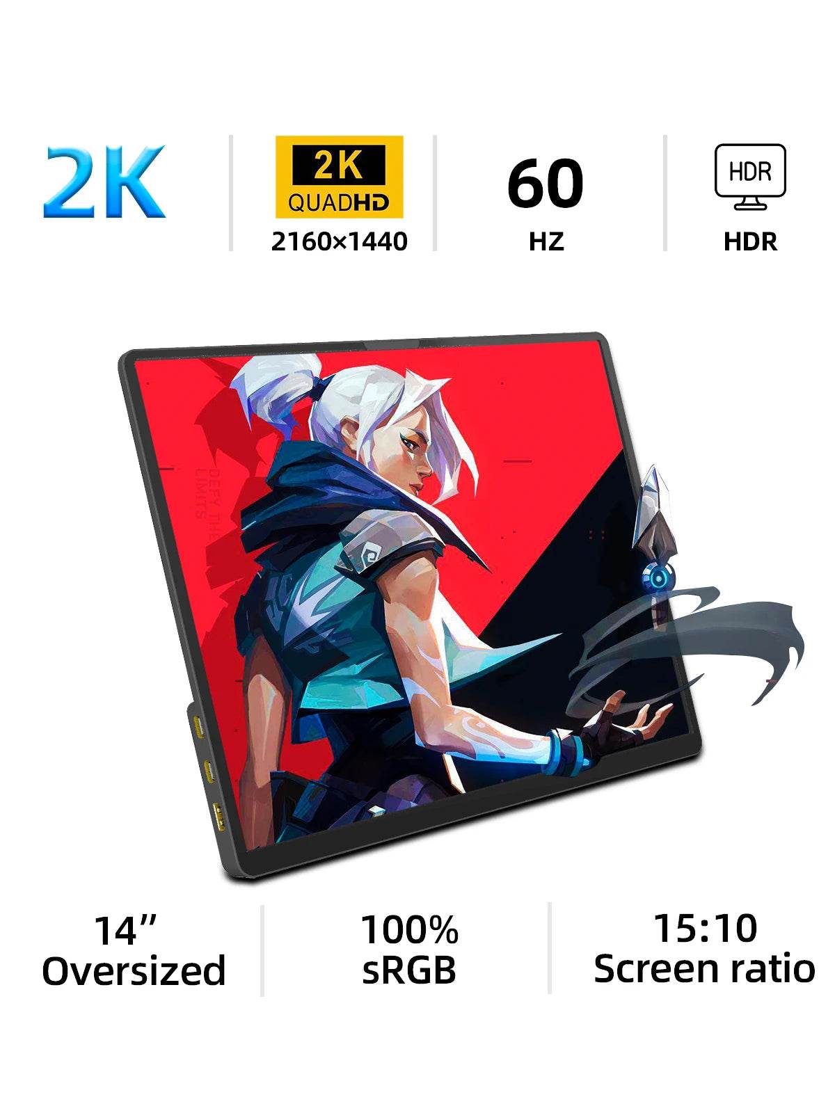 ZSUS 2160*1440 14-inch 2K Portable Monitor 60HZ For Laptop XBox PS4 / 5 Switch TV Box Cell Phone PC Extension Mobile - One-Sake.com