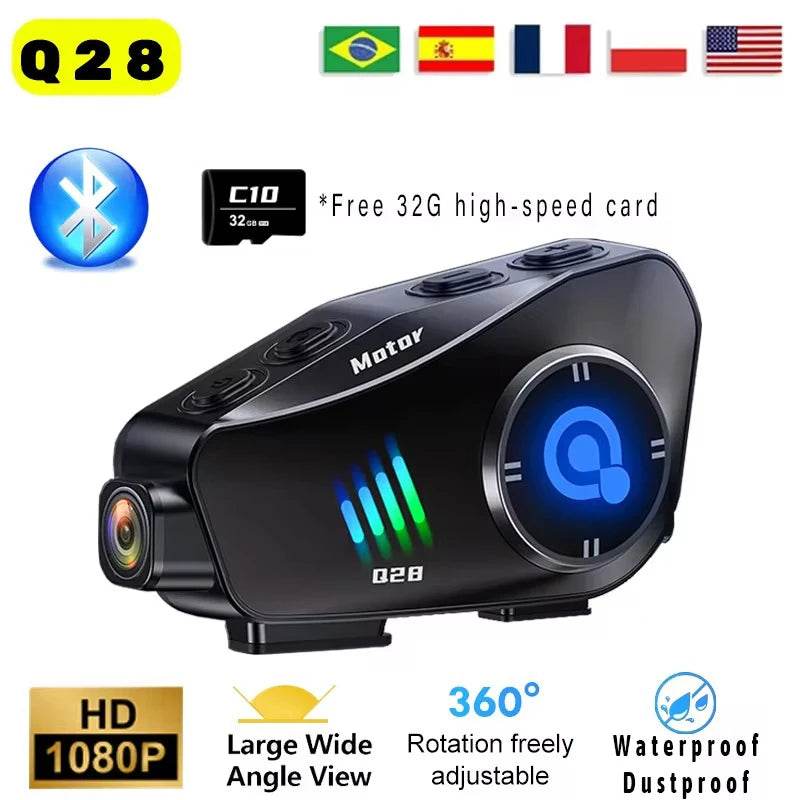 Q28 Motorcycle Helmet Bluetooth Headset with 1080P HD Camera - IP66 Waterproof, Super Wide-Angle Lens & WiFi Video Recorder - One-Sake.com