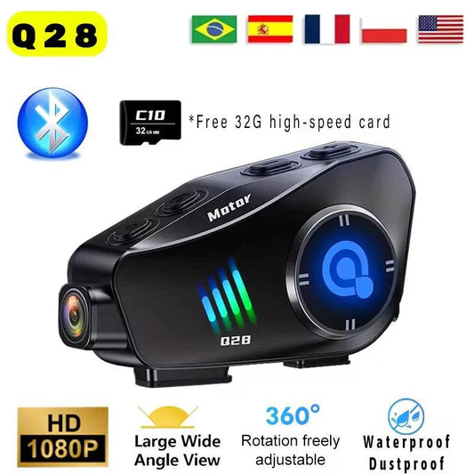 Q28 Motorcycle Helmet Bluetooth Headset with 1080P HD Camera - IP66 Waterproof, Super Wide-Angle Lens & WiFi Video Recorder - One-Sake.com