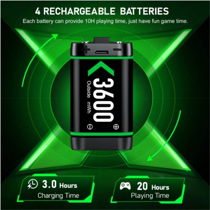 Rechargeable Battery Pack for Xbox One Controller – 4 x 3600mAh Batteries + LED Charging Station for Xbox Series X/S, One X, One S &amp; Elite Controllers [Eco-Friendly Xbox Accessories | Overcharge Protection | 2000+ Charge Cycles] - One-Sake.com
