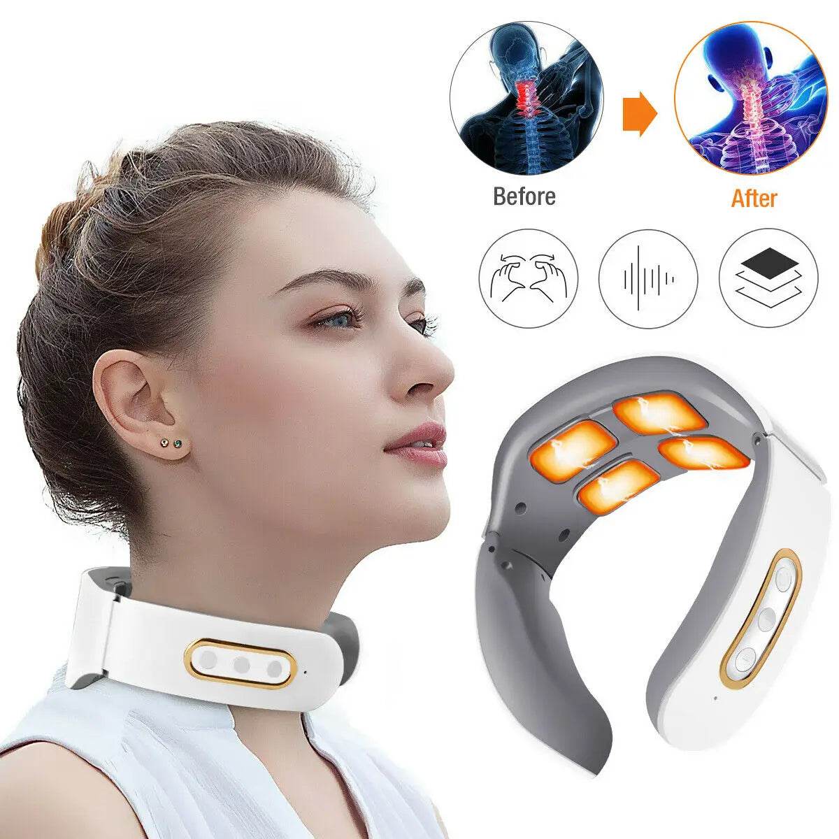 4-Head Electric Neck & Shoulder Massager – TENS Magnetic Pulse, Heat Therapy & 6 Modes for Cervical Pain Relief - One-Sake.com