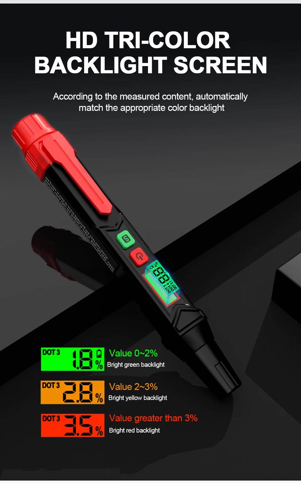 HGKJ Brake Fluid Tester Pen – Digital Automotive Oil Moisture Detector with Sound &amp; Light Alarm [DOT3/DOT4/DOT5.1 Compatibility | LCD Display &amp; Tri-Color Backlight] - One-Sake.com