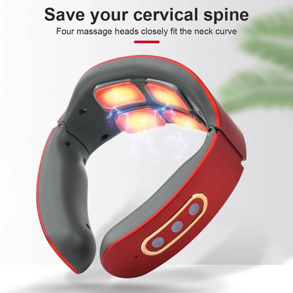 4-Head Electric Neck & Shoulder Massager – TENS Magnetic Pulse, Heat Therapy & 6 Modes for Cervical Pain Relief - One-Sake.com