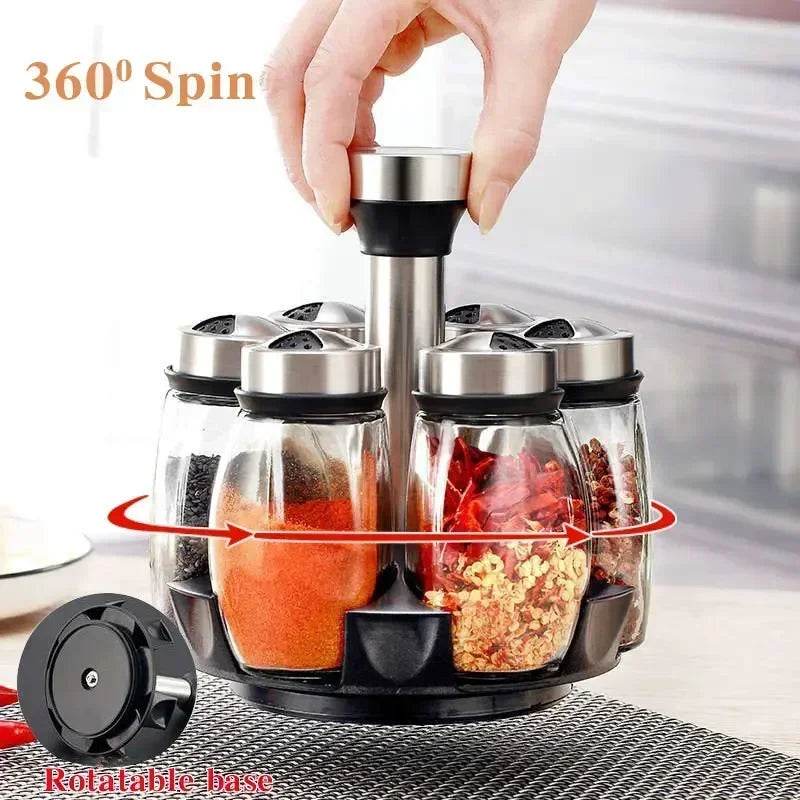 360° Rotating Spice Rack with 6 Glass Jars – Transparent Salt, Pepper & Seasoning Storage Set - One-Sake.com