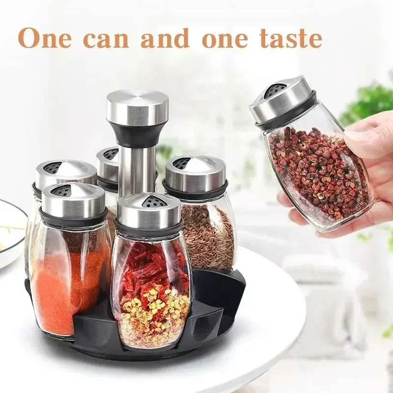 360° Rotating Spice Rack with 6 Glass Jars – Transparent Salt, Pepper & Seasoning Storage Set - One-Sake.com