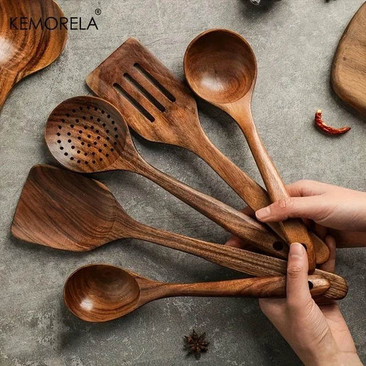 5PCS Thailand Teak Cooking Utensils Set – Natural Wooden Spoons, Ladles & Skimmers for Everyday Use - One-Sake.com