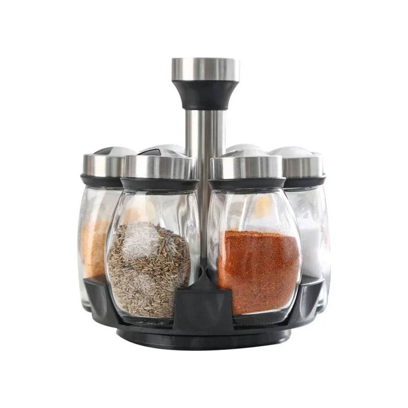 360° Rotating Spice Rack with 6 Glass Jars – Transparent Salt, Pepper & Seasoning Storage Set - One-Sake.com