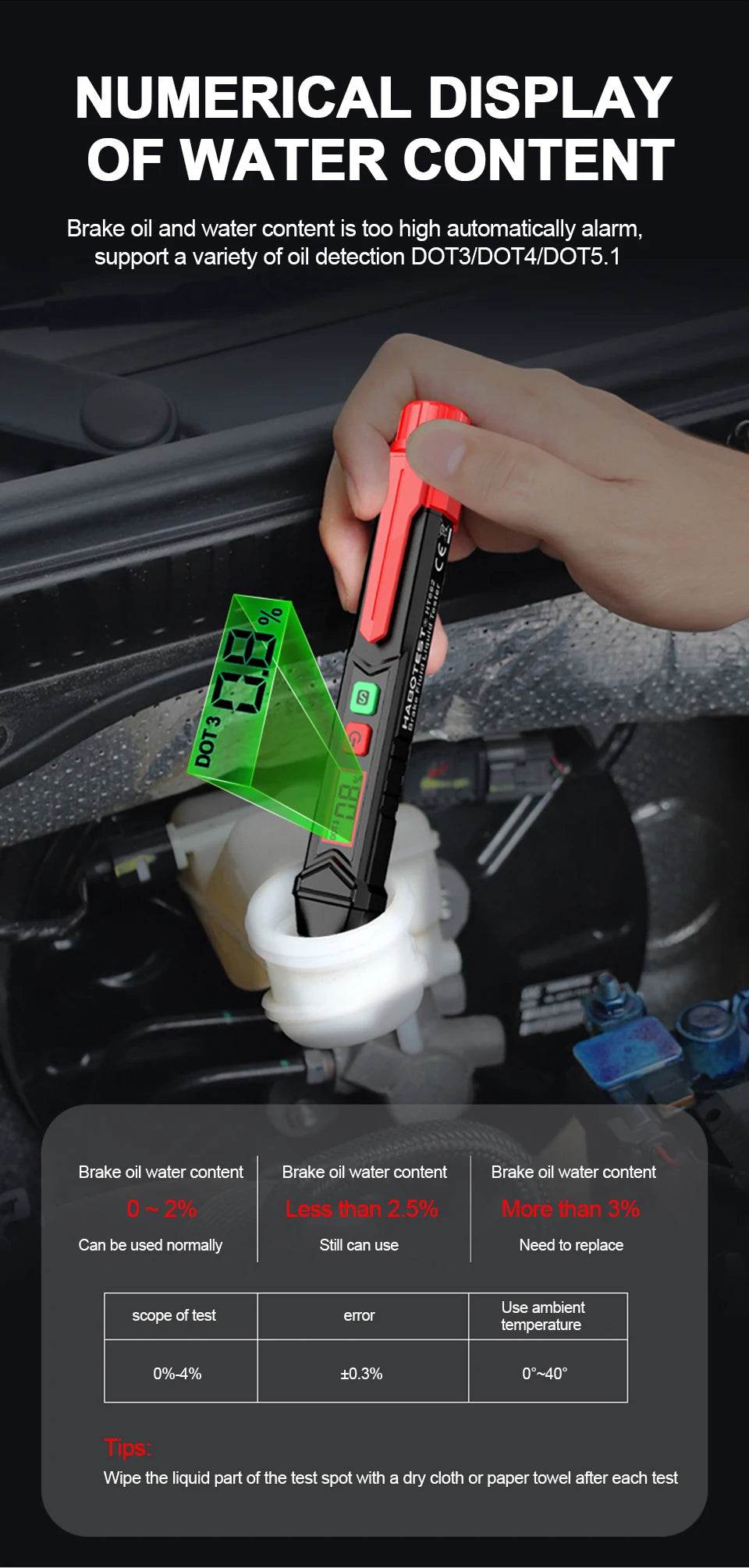 HGKJ Brake Fluid Tester Pen – Digital Automotive Oil Moisture Detector with Sound &amp; Light Alarm [DOT3/DOT4/DOT5.1 Compatibility | LCD Display &amp; Tri-Color Backlight] - One-Sake.com