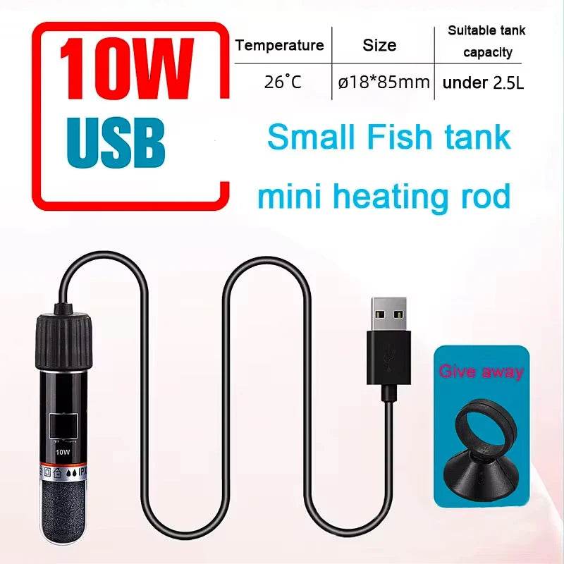 USB Mini Aquarium Heating Rod – 10W 26°C Submersible Thermostat Heater for Small Fish Tanks &amp; Pet Water Dispensers [Quartz Explosion-Proof Design | 5V2A Power Supply | 1.2m Cable - One-Sake.com