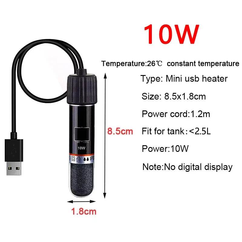 USB Mini Aquarium Heating Rod – 10W 26°C Submersible Thermostat Heater for Small Fish Tanks &amp; Pet Water Dispensers [Quartz Explosion-Proof Design | 5V2A Power Supply | 1.2m Cable - One-Sake.com
