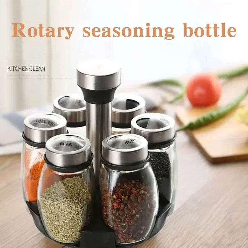 360° Rotating Spice Rack with 6 Glass Jars – Transparent Salt, Pepper & Seasoning Storage Set - One-Sake.com