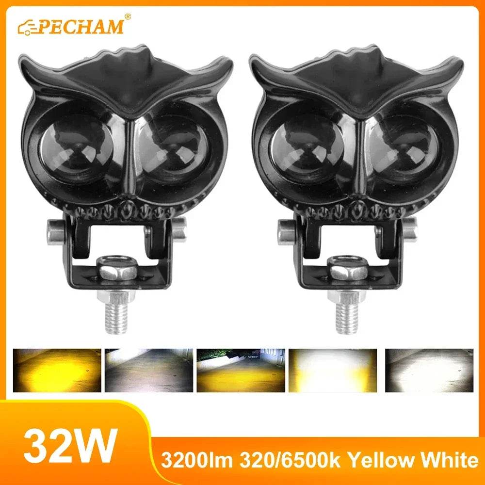 2PCS Owl-Design Motorcycle Headlights – Dual Color LED Fog Lamps with 4 Modes for Enhanced Visibility - One-Sake.com