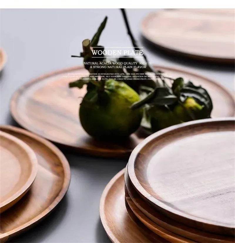 Acacia Wood Round Serving Platter – 15/20/25cm Retro Pizza, Salad & Dessert Tray - One-Sake.com