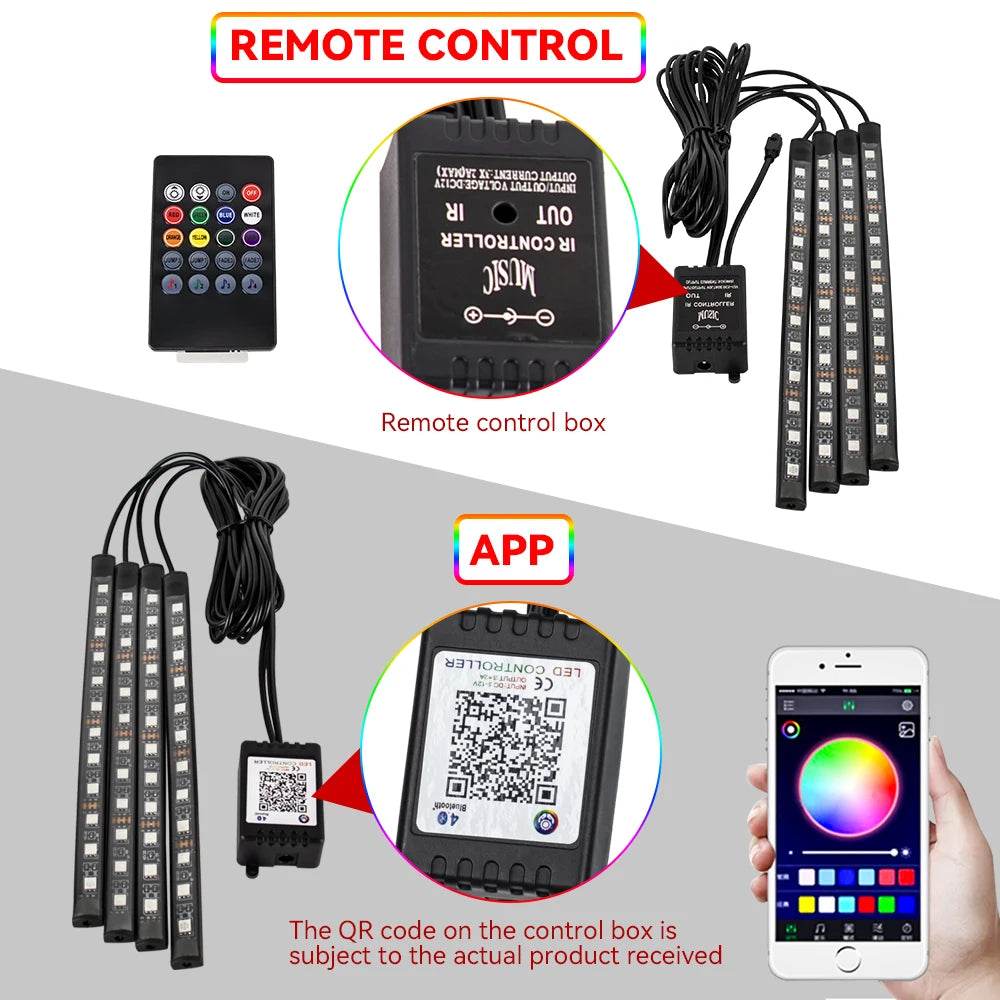 RGB APP-Controlled LED Motorcycle & Car Atmosphere Light Strip - 12V Waterproof Sound-Activated Foot Lamp for Moto Decoration - One-Sake.com