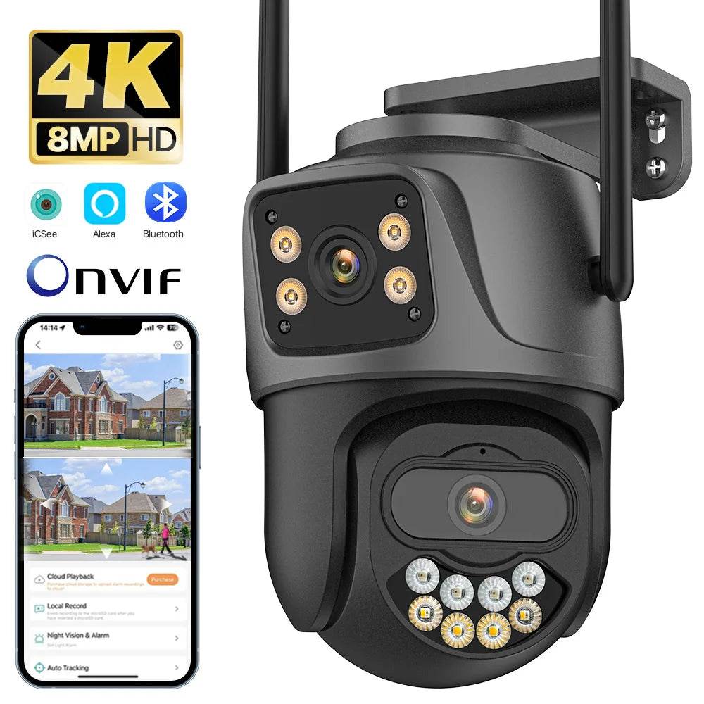 External WiFi PTZ Camera Dual Lens 4K 8MP HD – Outdoor IP Security Camera with Auto Tracking, Full Color Night Vision &amp; IP66 Waterproof [iCSee P2P Remote Monitoring | 2-Way Audio | SD Card &amp; Cloud Storage] - One-Sake.com