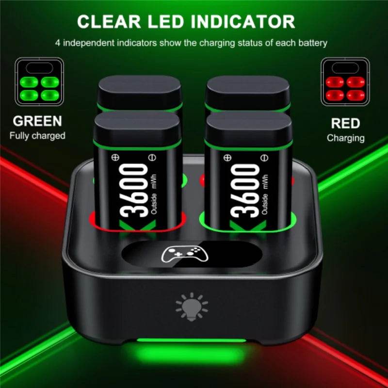 Rechargeable Battery Pack for Xbox One Controller – 4 x 3600mAh Batteries + LED Charging Station for Xbox Series X/S, One X, One S &amp; Elite Controllers [Eco-Friendly Xbox Accessories | Overcharge Protection | 2000+ Charge Cycles] - One-Sake.com
