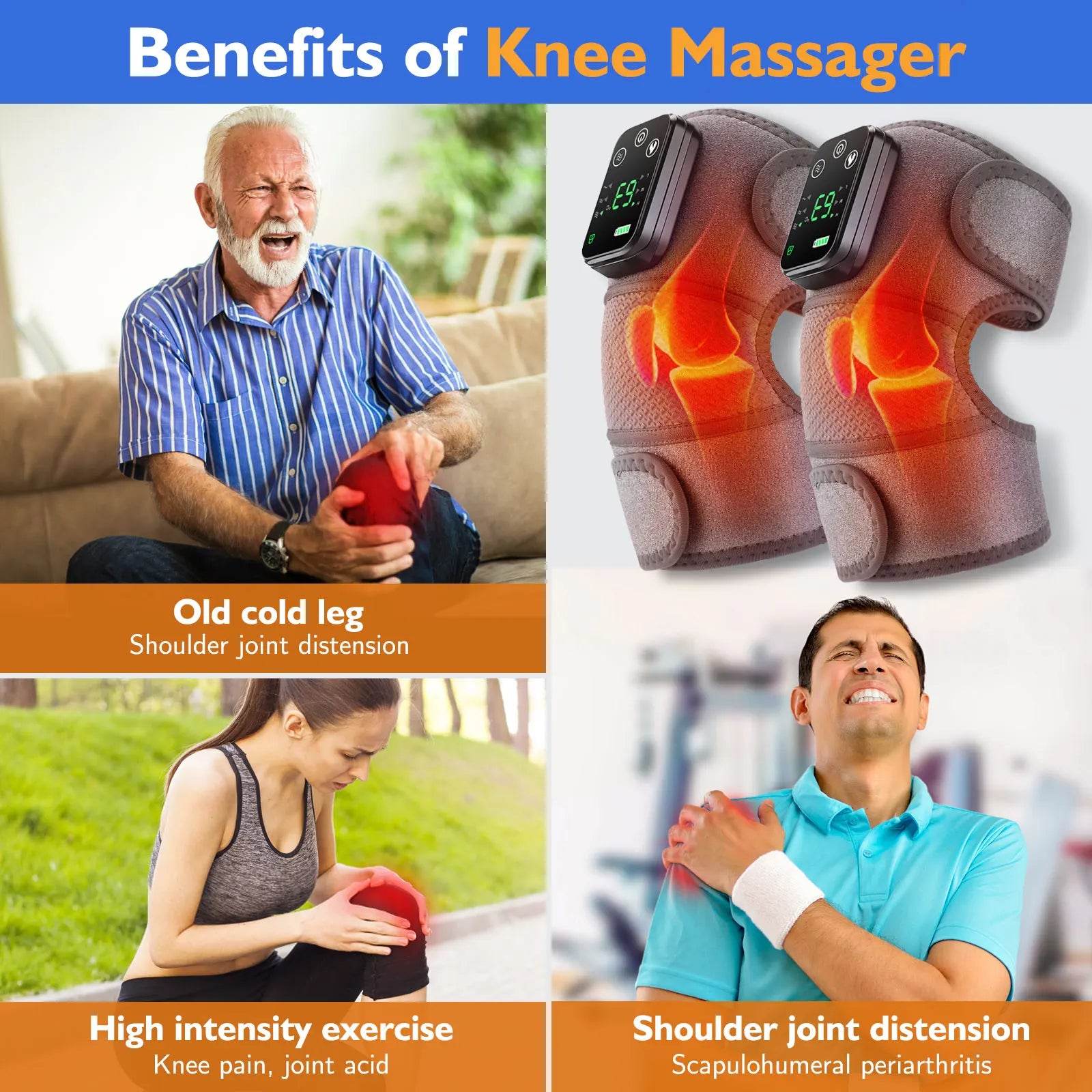 Electric Heated Vibration Knee Massage Physiotherapy Pad 3 in 1 Massager for Shoulder Elbow Hot Compress Pain Relief - One-Sake.com