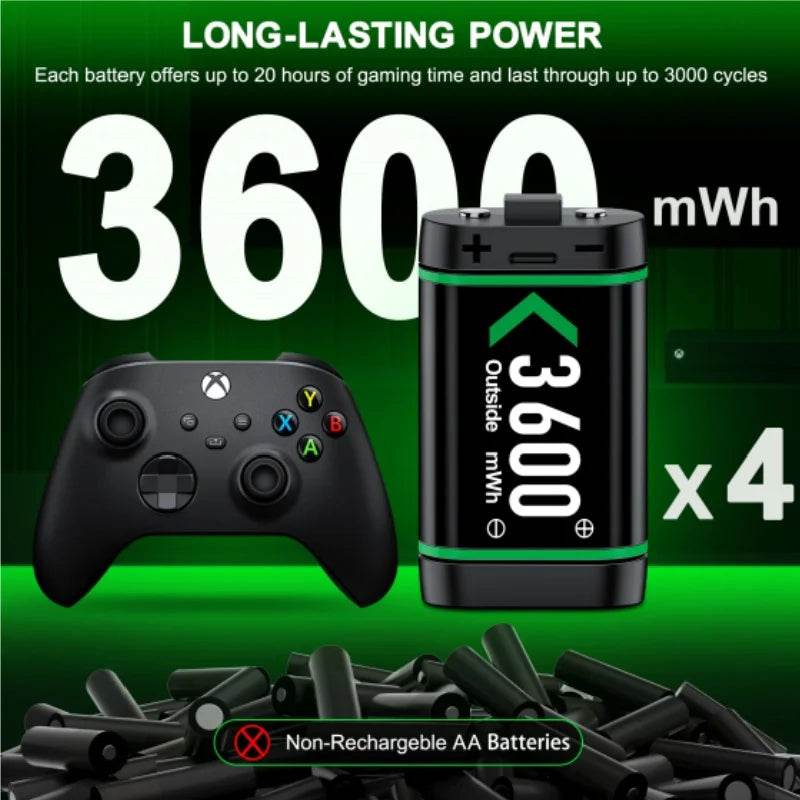 Rechargeable Battery Pack for Xbox One Controller – 4 x 3600mAh Batteries + LED Charging Station for Xbox Series X/S, One X, One S &amp; Elite Controllers [Eco-Friendly Xbox Accessories | Overcharge Protection | 2000+ Charge Cycles] - One-Sake.com