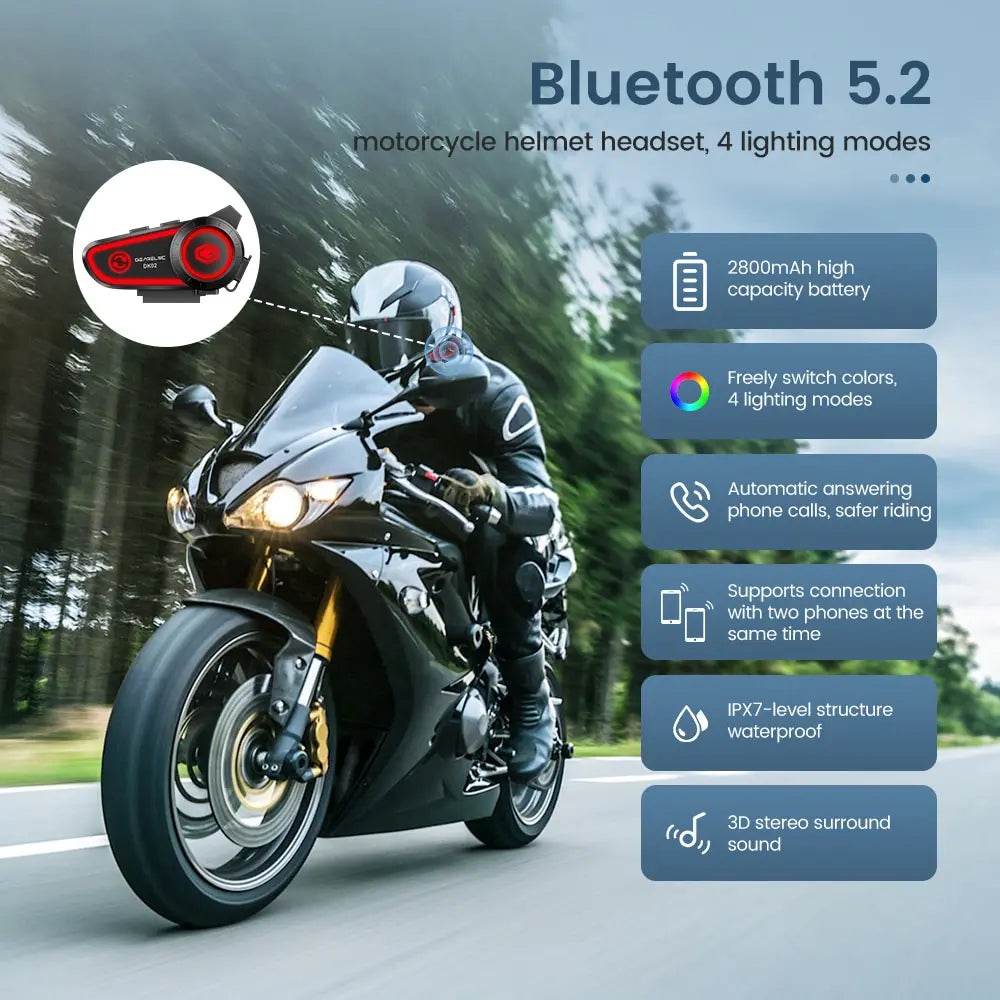 GEARELEC DK02 Bluetooth Motorcycle Helmet Headset – IPX7 Waterproof, 2800mAh Battery, Ambient Lights & Stereo Sound - One-Sake.com
