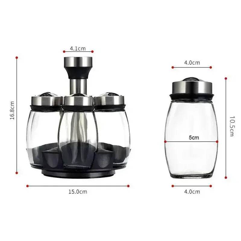 360° Rotating Spice Rack with 6 Glass Jars – Transparent Salt, Pepper & Seasoning Storage Set - One-Sake.com