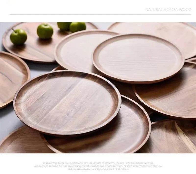 Acacia Wood Round Serving Platter – 15/20/25cm Retro Pizza, Salad & Dessert Tray - One-Sake.com