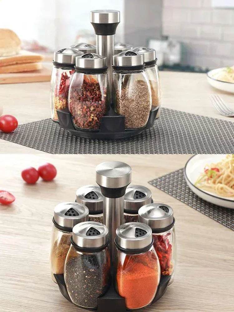 360° Rotating Spice Rack with 6 Glass Jars – Transparent Salt, Pepper & Seasoning Storage Set - One-Sake.com