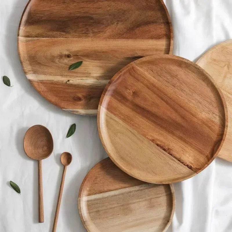 Acacia Wood Round Serving Platter – 15/20/25cm Retro Pizza, Salad & Dessert Tray - One-Sake.com