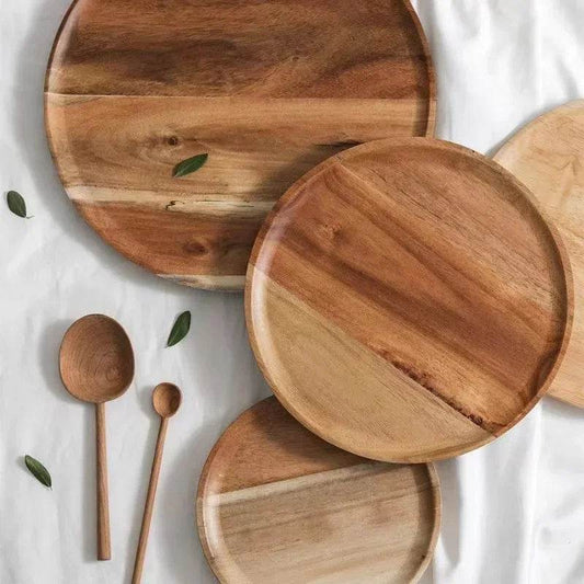 Acacia Wood Round Serving Platter – 15/20/25cm Retro Pizza, Salad & Dessert Tray - One-Sake.com