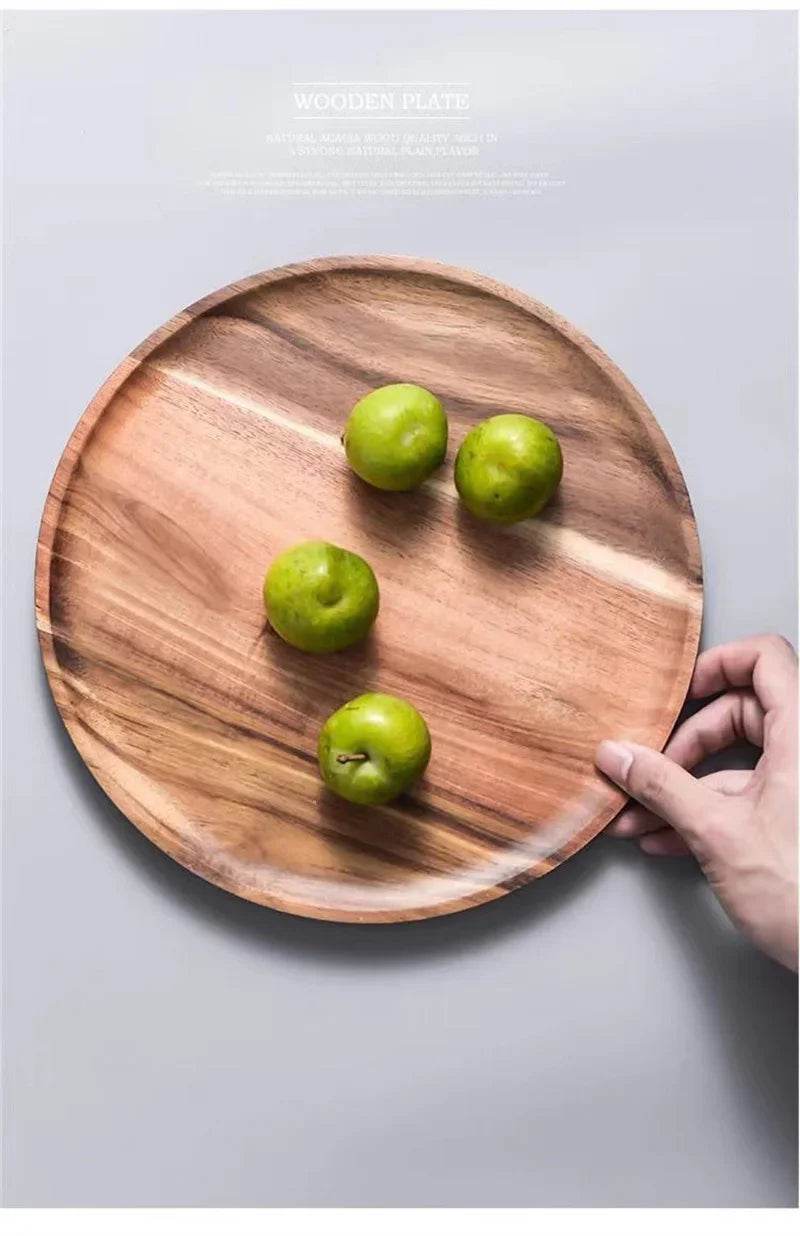 Acacia Wood Round Serving Platter – 15/20/25cm Retro Pizza, Salad & Dessert Tray - One-Sake.com